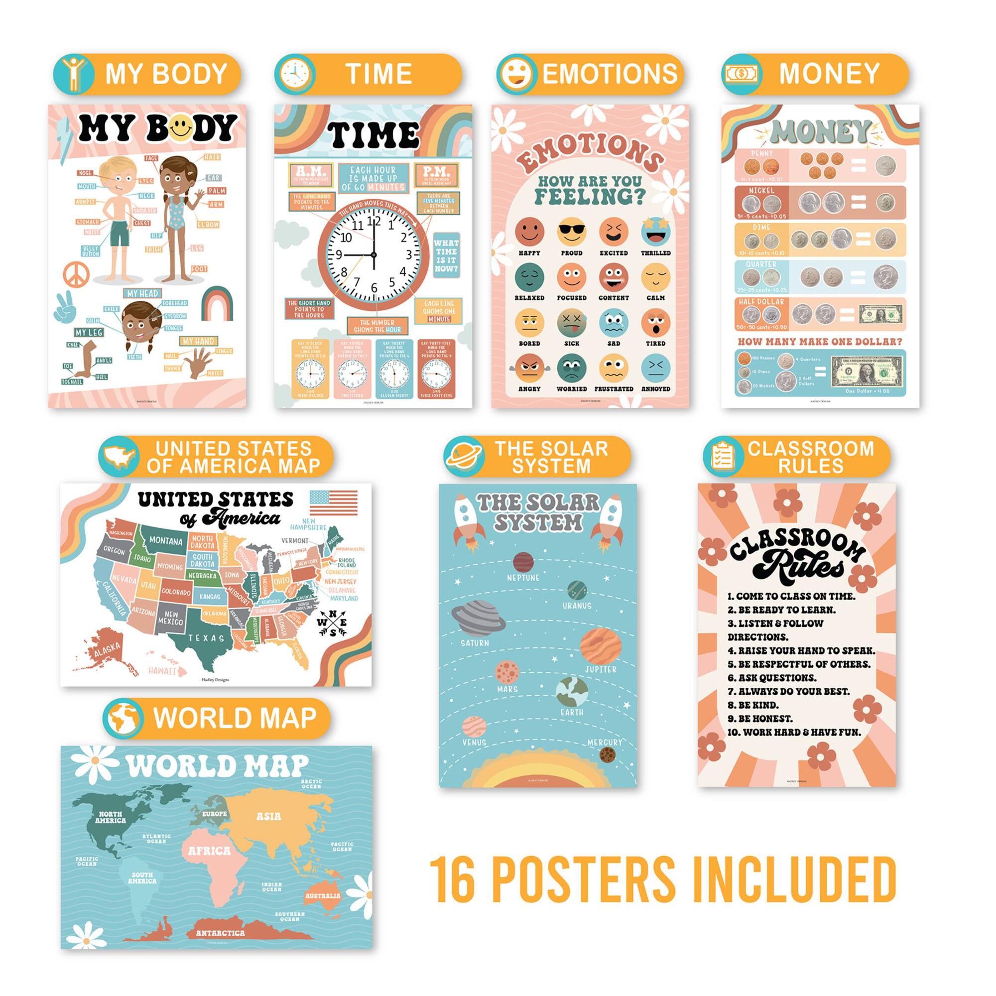 Hadley Designs 11" x 17" Designs Retro Boho Preschool Educational Laminated Posters Set
